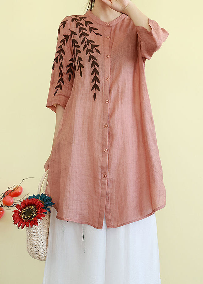 Edle orange bestickte Leinen Midi Kleider Sommer TM004