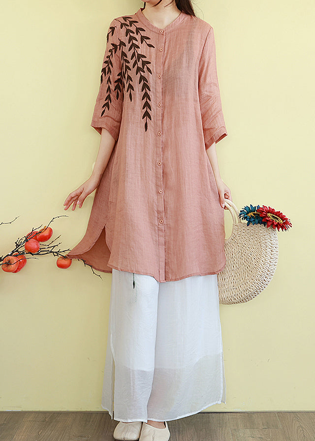 Edle orange bestickte Leinen Midi Kleider Sommer TM004