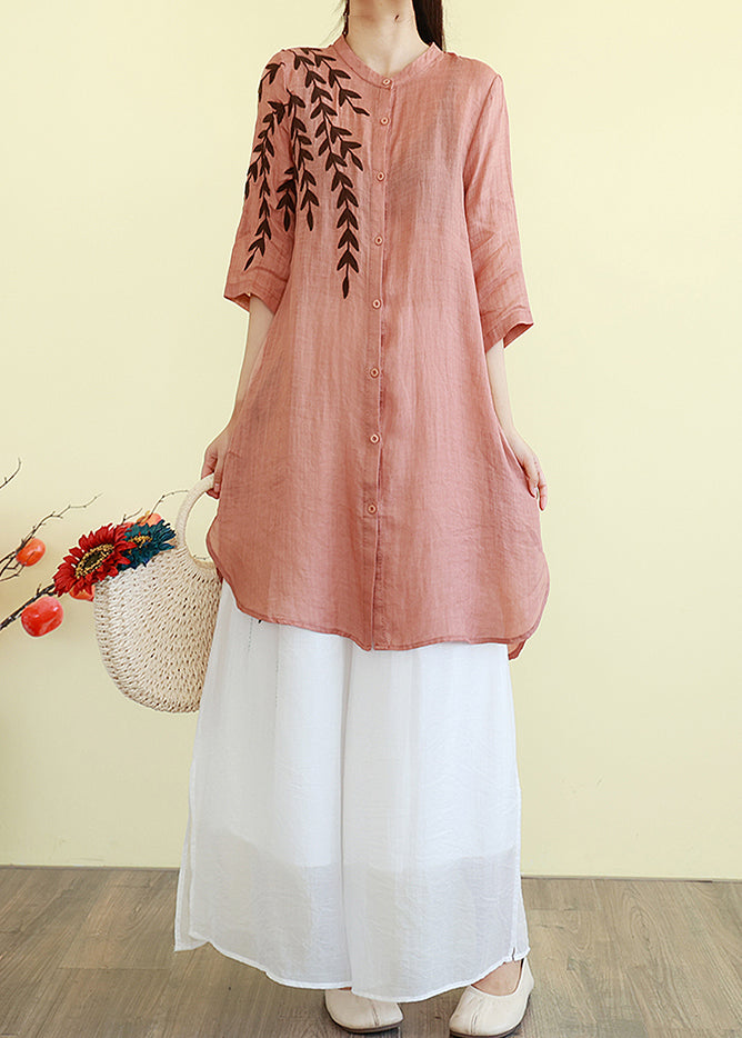 Edle orange bestickte Leinen Midi Kleider Sommer TM004