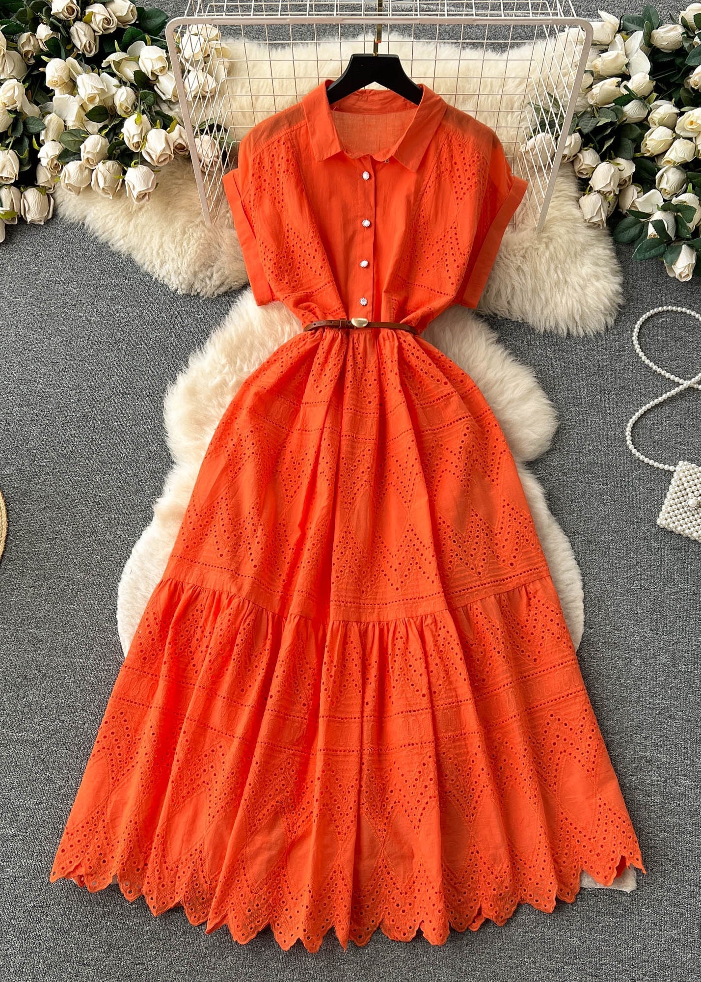 Classy Orange Peter Pan Collar Button Hollow Out Cotton Shirt Dresses Summer TR054