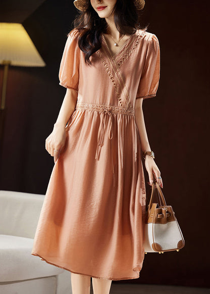 Classy Orange V Neck Hollow Out Patchwork Tie Waist Silk Long Dresses Short Sleeve WW036