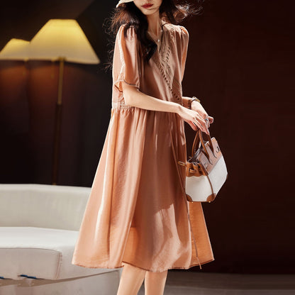 Classy Orange V Neck Hollow Out Patchwork Tie Waist Silk Long Dresses Short Sleeve WW036