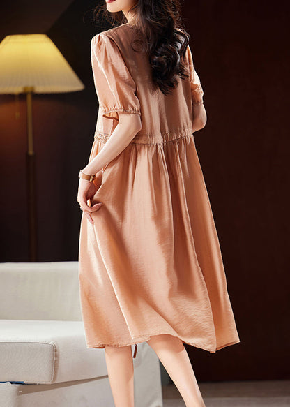 Classy Orange V Neck Hollow Out Patchwork Tie Waist Silk Long Dresses Short Sleeve WW036