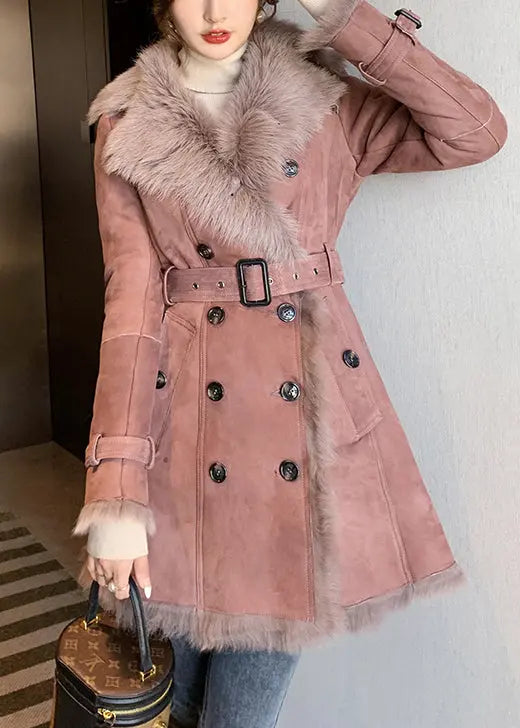 Classy Pink Fur Collar Tie Waist Leather And Fur Coats Winter Ada Fashion