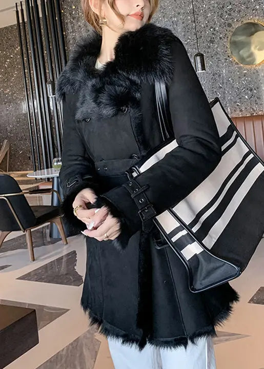 Classy Pink Fur Collar Tie Waist Leather And Fur Coats Winter Ada Fashion