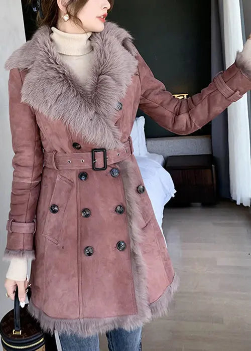 Classy Pink Fur Collar Tie Waist Leather And Fur Coats Winter Ada Fashion