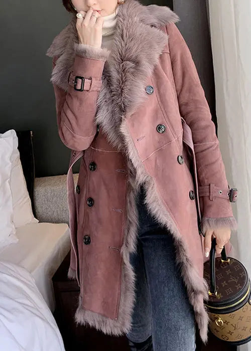 Classy Pink Fur Collar Tie Waist Leather And Fur Coats Winter Ada Fashion