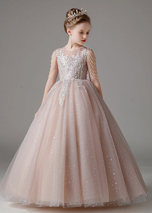 Classy Pink O-Neck Sequins Patchwork Tulle Kids Long Dress Sleeveless QV009