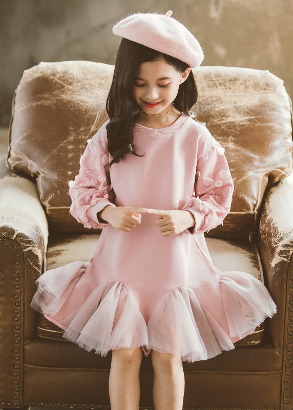 Robe longue en tulle rose à col rond pour fille, élégante, printemps TV025