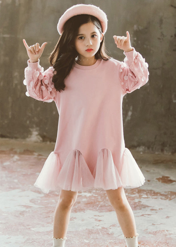 Robe longue en tulle rose à col rond pour fille, élégante, printemps TV025