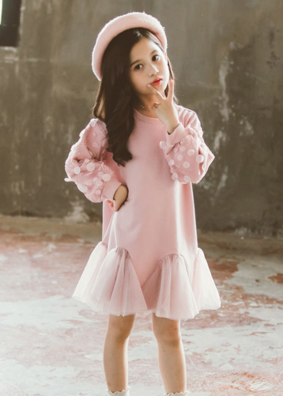 Robe longue en tulle rose à col rond pour fille, élégante, printemps TV025