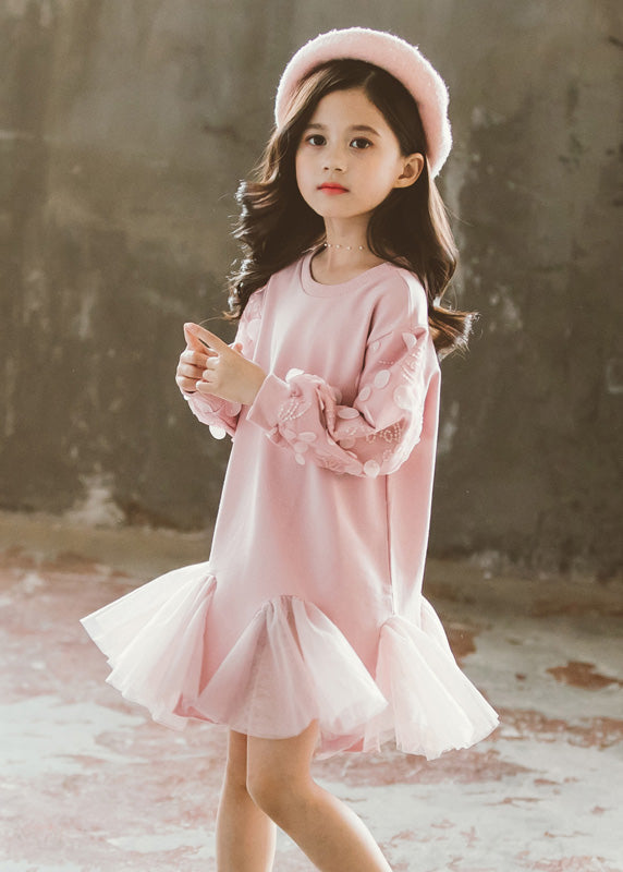 Robe longue en tulle rose à col rond pour fille, élégante, printemps TV025