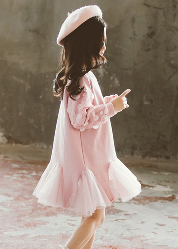 Robe longue en tulle rose à col rond pour fille, élégante, printemps TV025