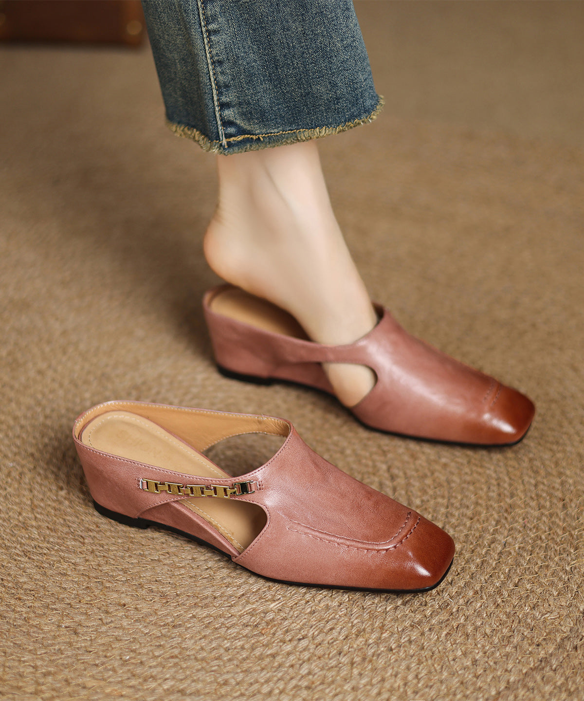 Wedge Classy Cowhide Splicing Slide Leather Pink Sandals