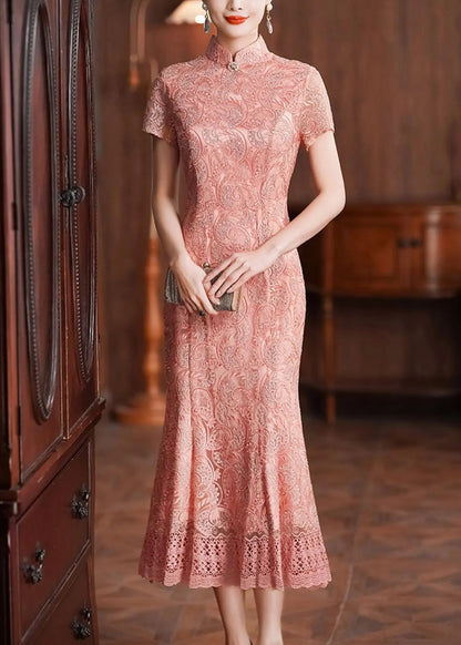 Classy Pink Stand Collar Lace Patchwork Long Dresses Summer Ada Fashion