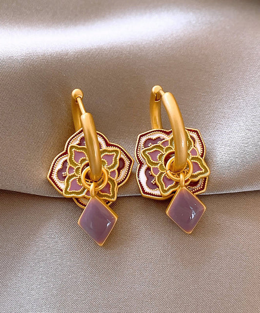 Boucles d'oreilles créoles élégantes en alliage de cuivre violet émaillé à motif floral QQ039