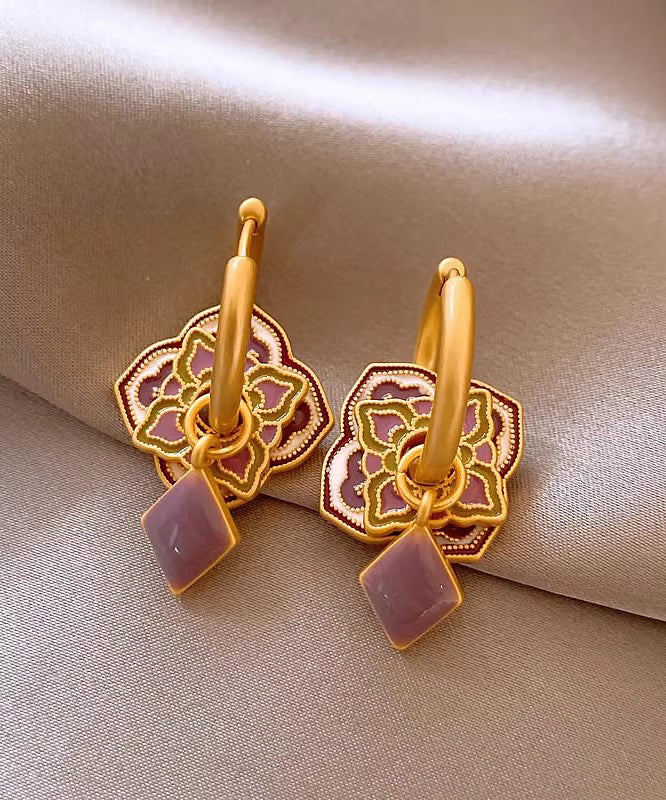 Boucles d'oreilles créoles élégantes en alliage de cuivre violet émaillé à motif floral QQ039