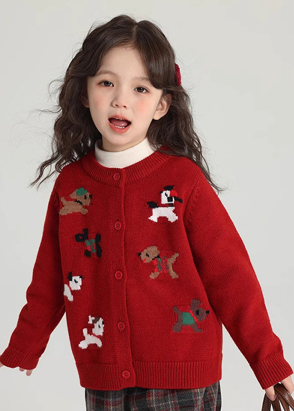 Classy Red Animal Print Cotton Knit Kids Cardigan Spring TP045