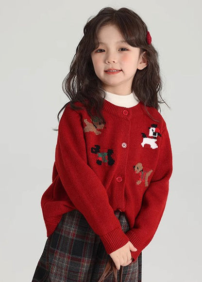 Classy Red Animal Print Cotton Knit Kids Cardigan Spring TP045