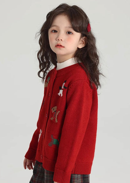 Classy Red Animal Print Cotton Knit Kids Cardigan Spring TP045