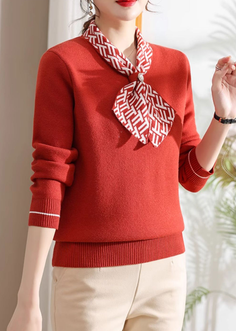 Classy Red Bow Thick Warm Fleece Knit Sweaters Spring TQ008