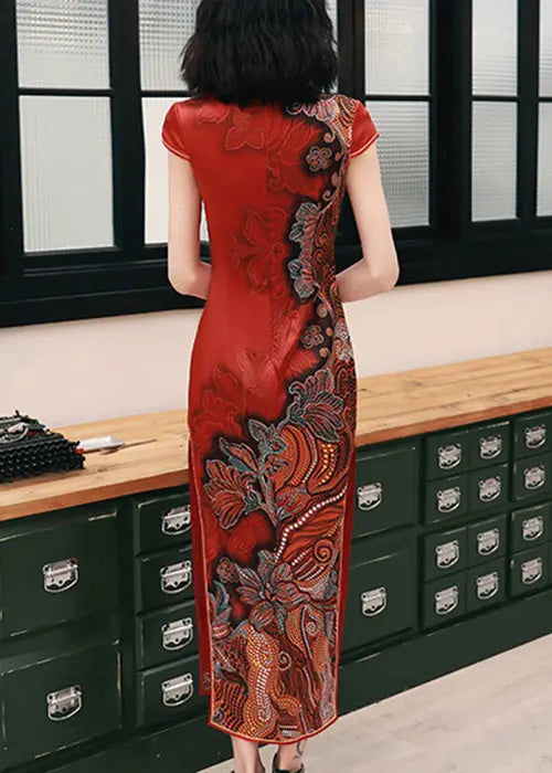 Classy Red Button Print Side Open Silk Long Dresses Summer Ada Fashion