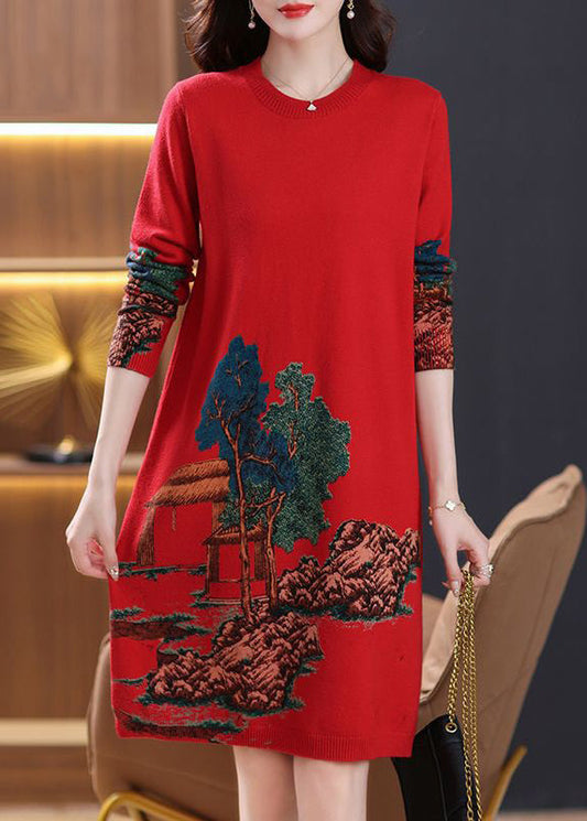 Classy Red O Neck Print Cozy Wool Knit Dress Spring TB017