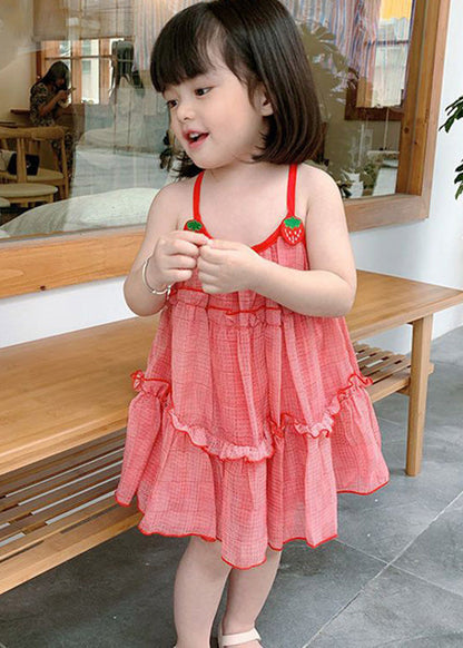 Classy Red Plaid Ruffled Patchwork Kids Chiffon Girls Slip Mid Dress Sleeveless GF026