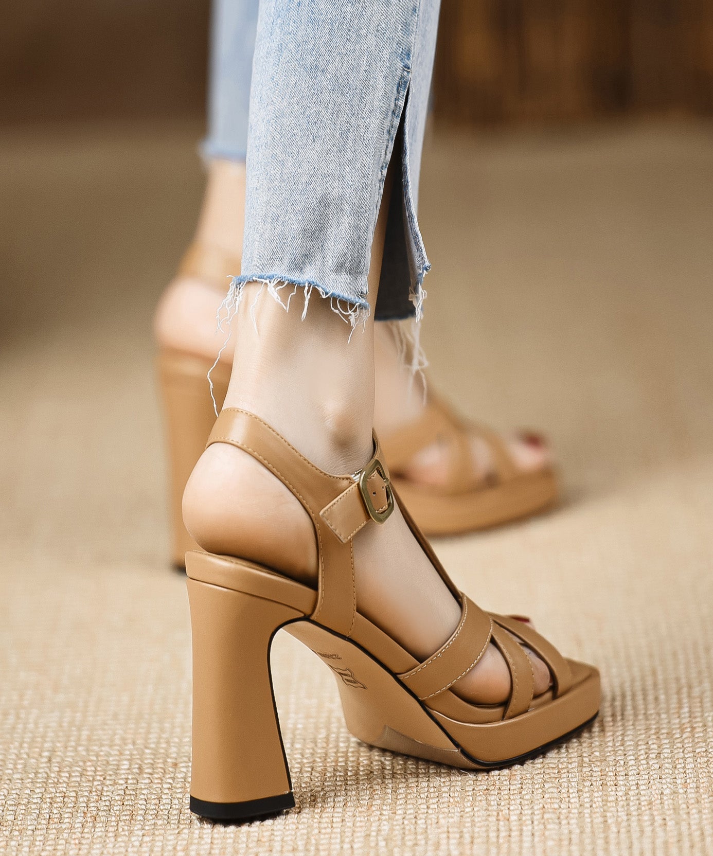 Leather Peep Classy Toe Cowhide Black Chunky Sandals Splicing