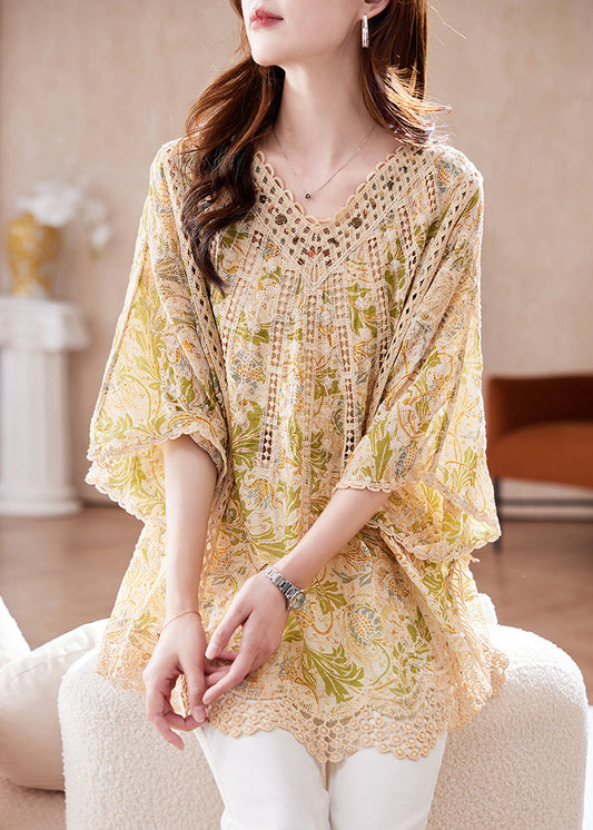 Batwing Print Neck Out Cotton Classy Sleeve Tops Hollow V