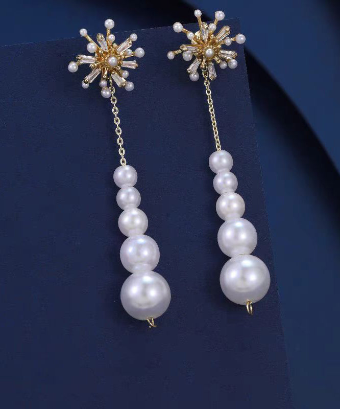 Classy White Alloy Snowflakes Pearl Tassel Drop Earrings ET020