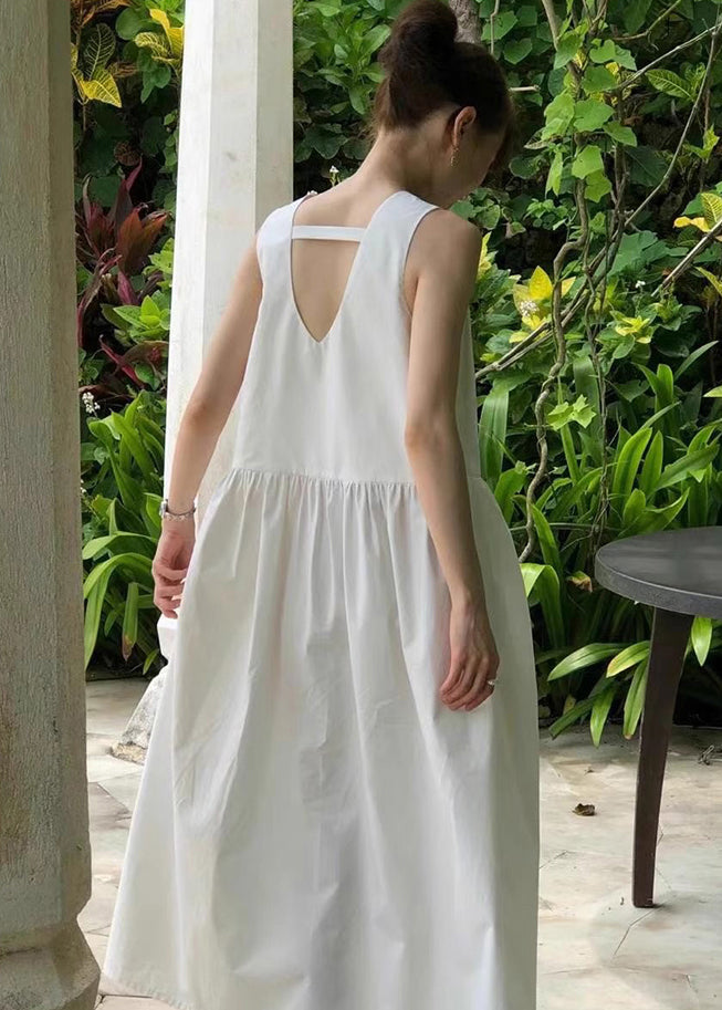 Robe de vacances élégante en coton blanc dos nu sans manches TZ025