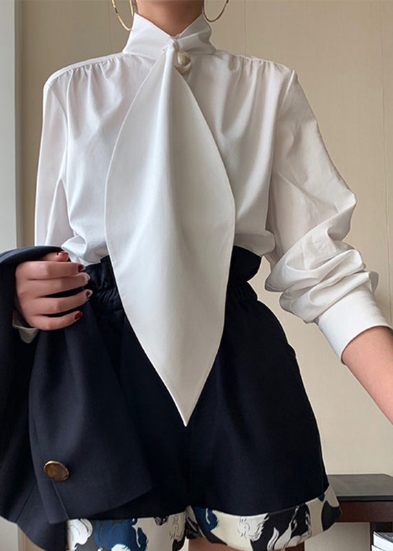 Cotton White Bow Patchwork Classy Shirts Spring