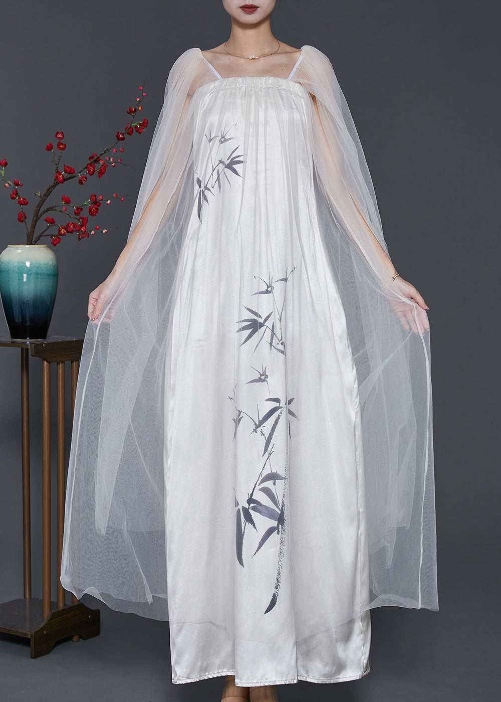 Robe élégante en tulle patchwork à épaules dénudées blanche pour l'été SD1079