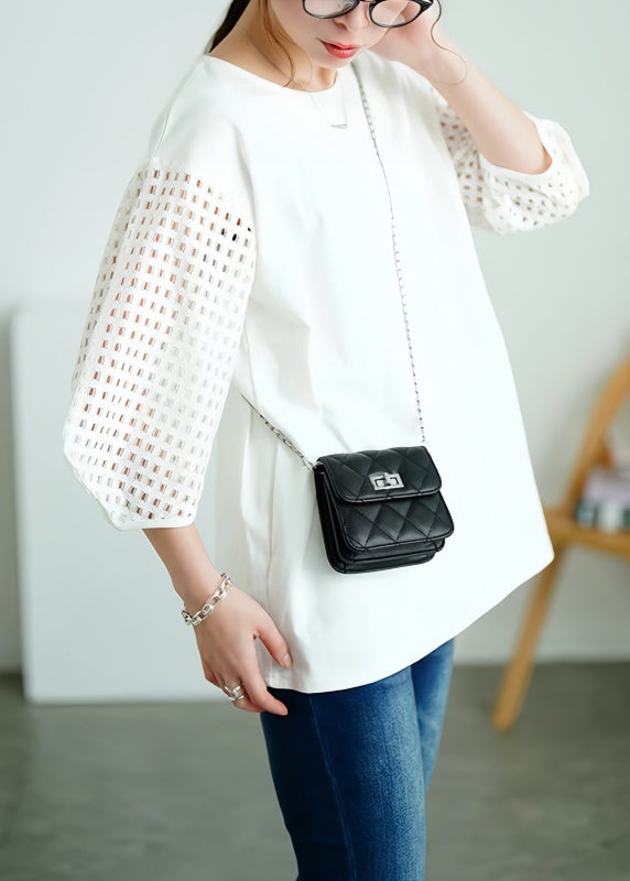 Cotton Out Oversized Tops Tank Hollow Patchwork White Classy