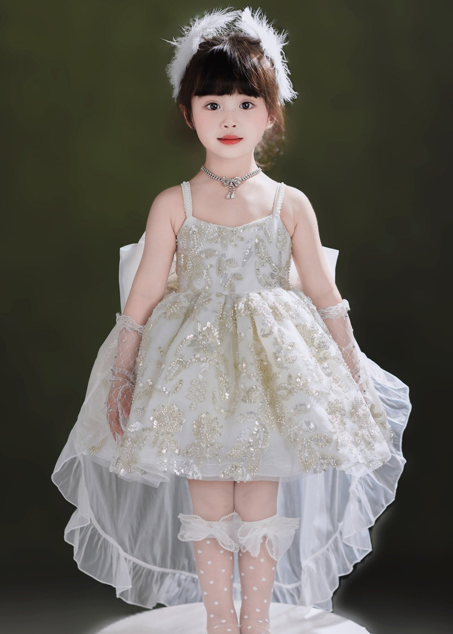 Edles weißes Pailletten-Tüll-Mädchenkleid und Schleppkleid, zweiteiliges Set, Sommer, YE014