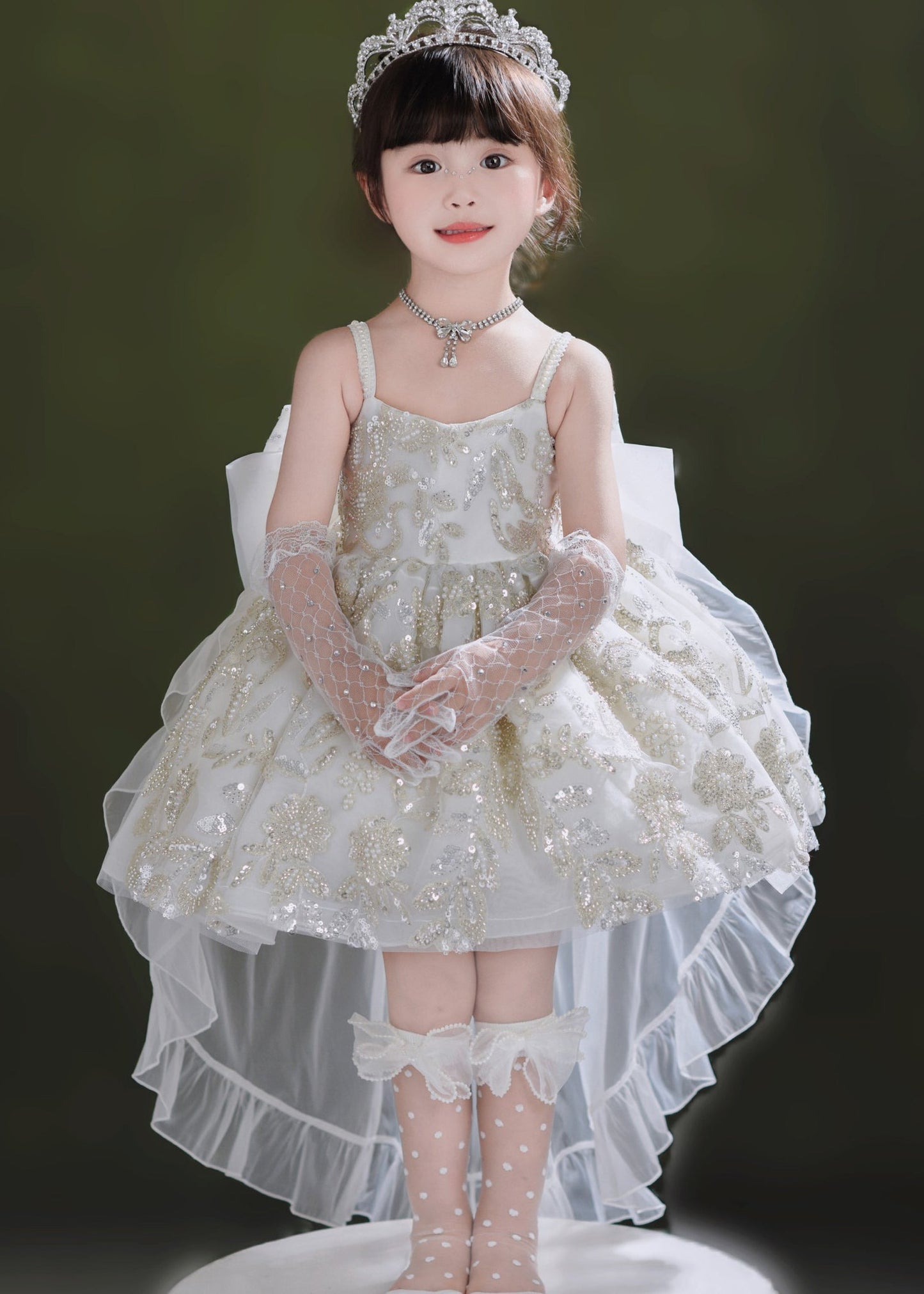 Edles weißes Pailletten-Tüll-Mädchenkleid und Schleppkleid, zweiteiliges Set, Sommer, YE014