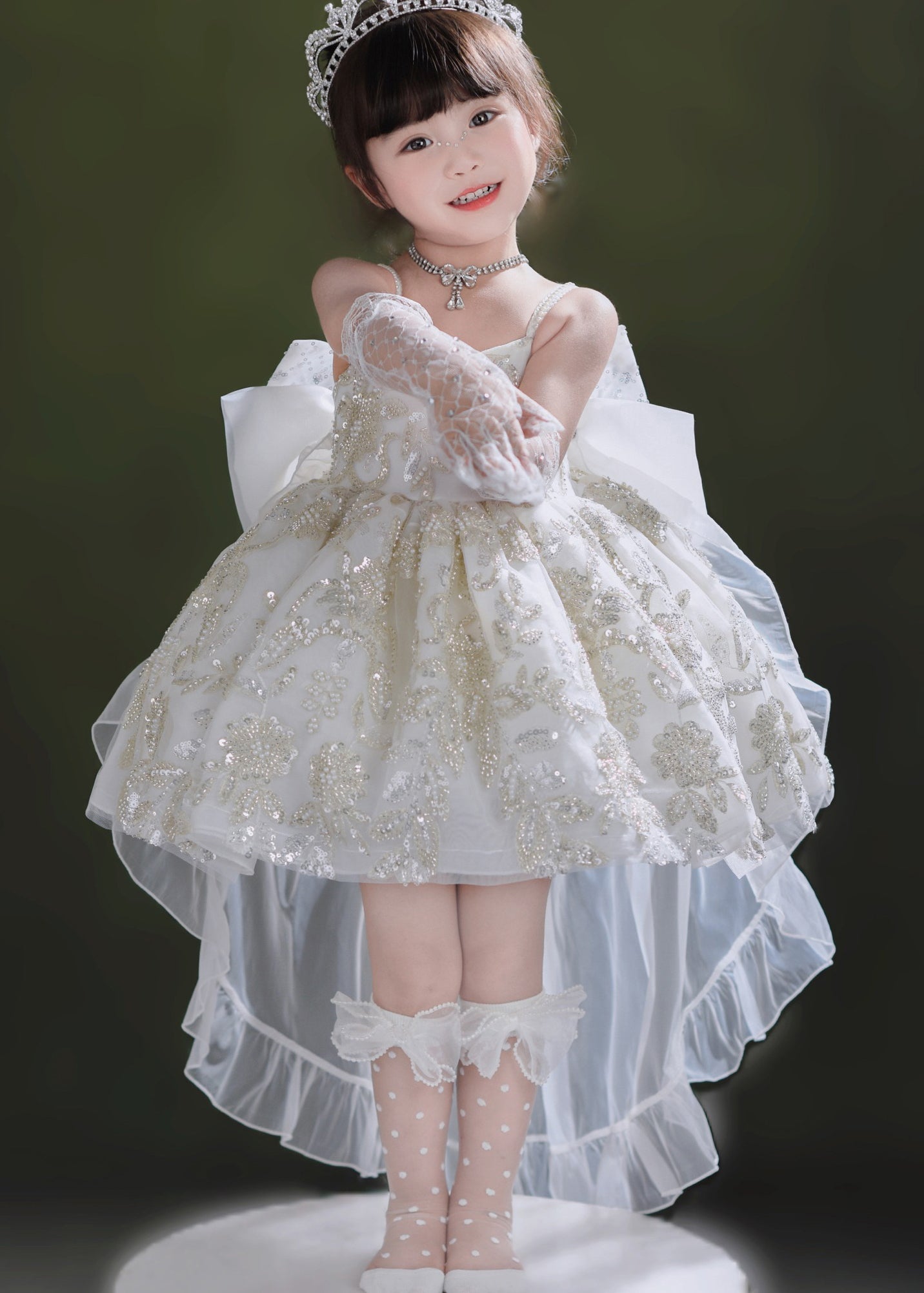 Edles weißes Pailletten-Tüll-Mädchenkleid und Schleppkleid, zweiteiliges Set, Sommer, YE014