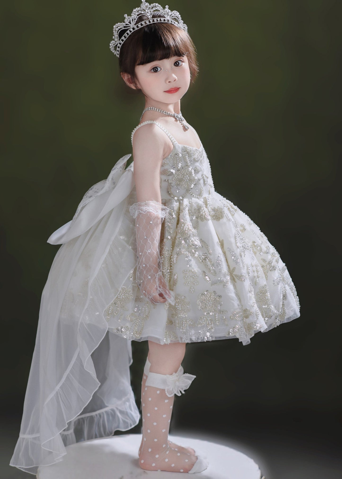Edles weißes Pailletten-Tüll-Mädchenkleid und Schleppkleid, zweiteiliges Set, Sommer, YE014