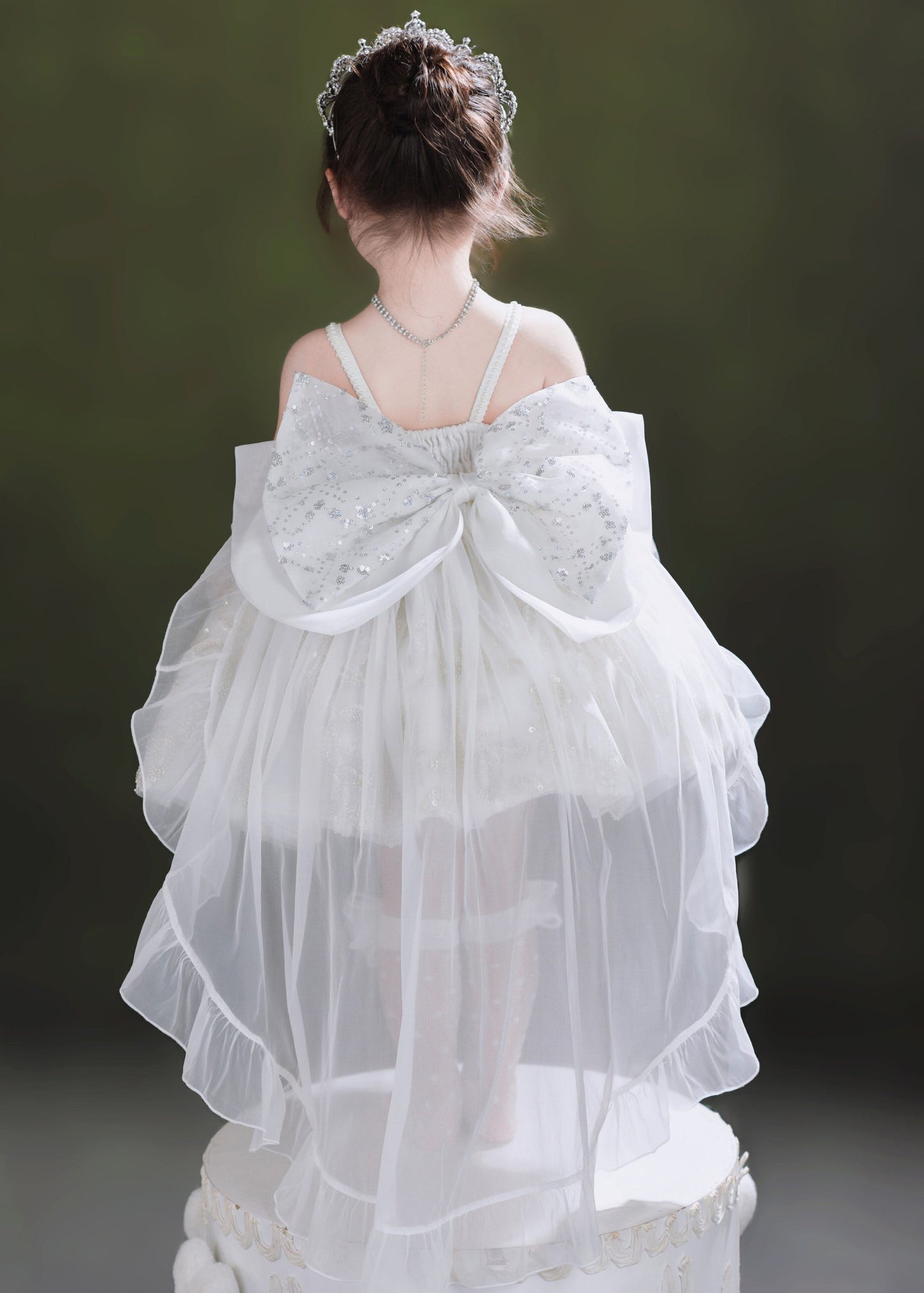 Edles weißes Pailletten-Tüll-Mädchenkleid und Schleppkleid, zweiteiliges Set, Sommer, YE014