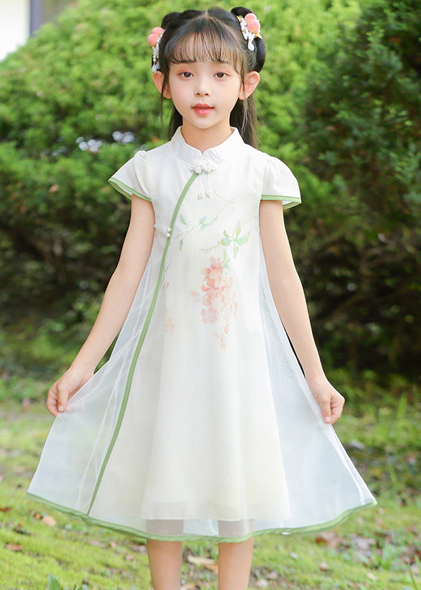 Robe longue en tulle blanc à col montant et imprimé pour fille, tenue d'été élégante, MN025