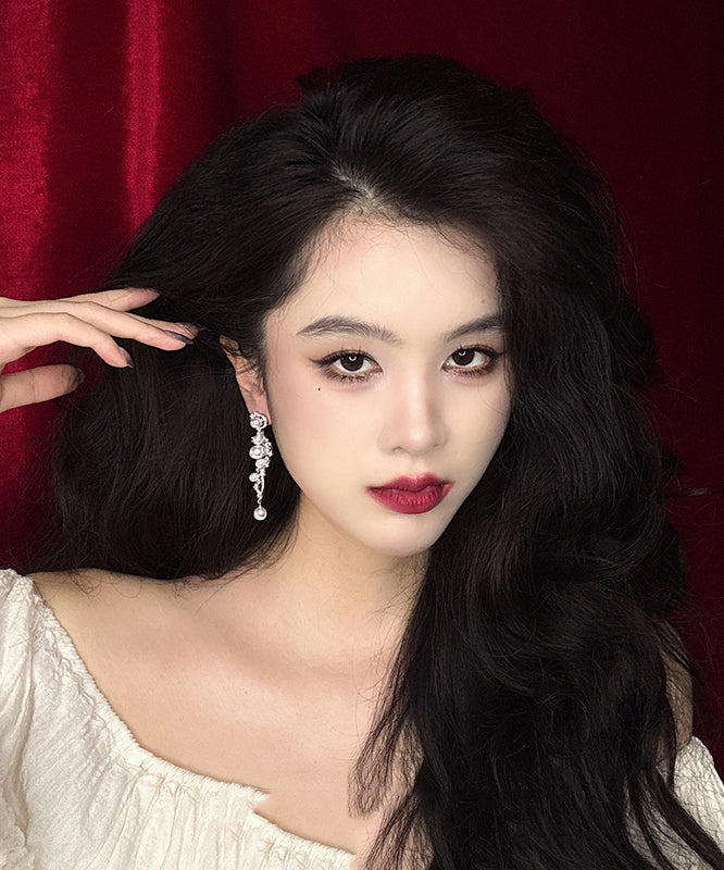 Boucles d'oreilles pendantes élégantes en argent blanc et zircons Stergild