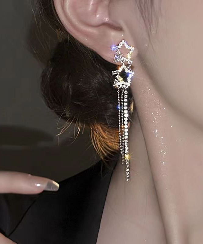 Classy White Sterling Silver Alloy Five Pointed Star Zircon Tassel Drop Earrings ZZ059