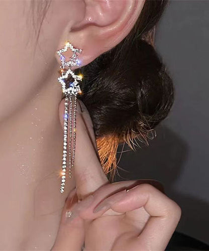 Classy White Sterling Silver Alloy Five Pointed Star Zircon Tassel Drop Earrings ZZ059