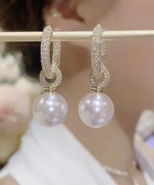 Classy White Sterling Silver Alloy Zircon Pearl Drop Earrings WO012