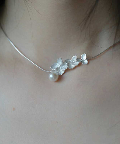 Classy White Sterling Silver Floral Pearl Necklace PO079