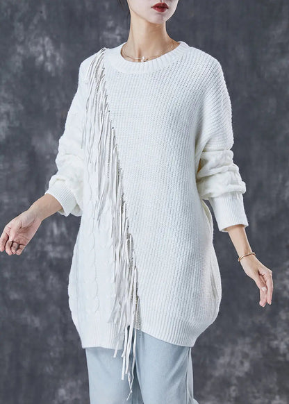 Classy White Tasseled Patchwork Knit Knit Sweater Dress Winter Ada Fashion