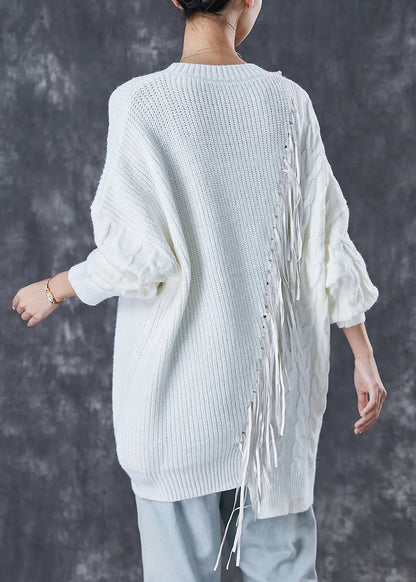 Classy White Tasseled Patchwork Knit Knit Sweater Dress Winter Ada Fashion