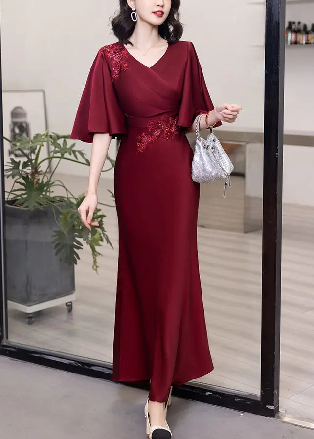 Classy Wine Red V Neck Embroidered Cotton Long Dresses Butterfly Sleeve Ada Fashion