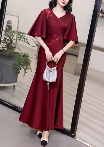 Classy Wine Red V Neck Embroidered Cotton Long Dresses Butterfly Sleeve Ada Fashion